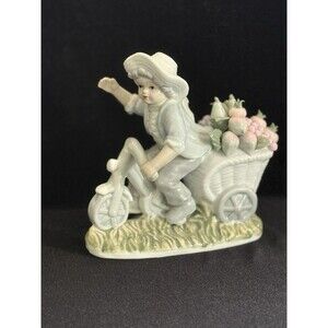 Fine Porcelain Country Man Pushing Fruit Wagon Cart Figurine Rare Boy Vintage